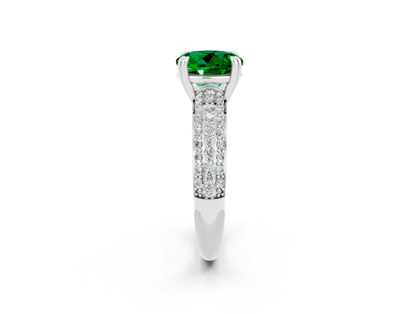 White gold Round Cut Emerald Solitaire Ring with Multi-Row Round Pavé Band and Prong Setting