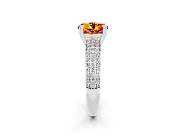 Platinum Round Cut Citrine Solitaire Ring with Multi-Row Round Pavé Band and Prong Setting