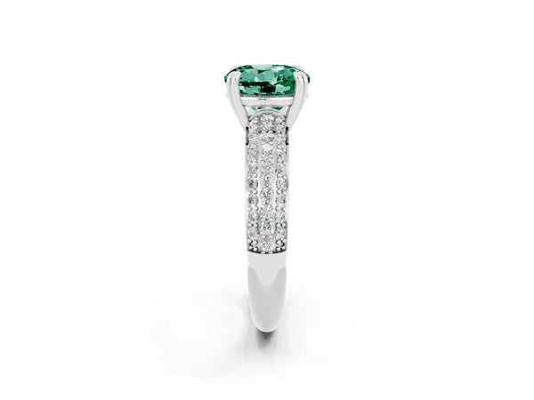 Silver Round Cut Green Sapphire Solitaire Ring with Multi-Row Round Pavé Band and Prong Setting