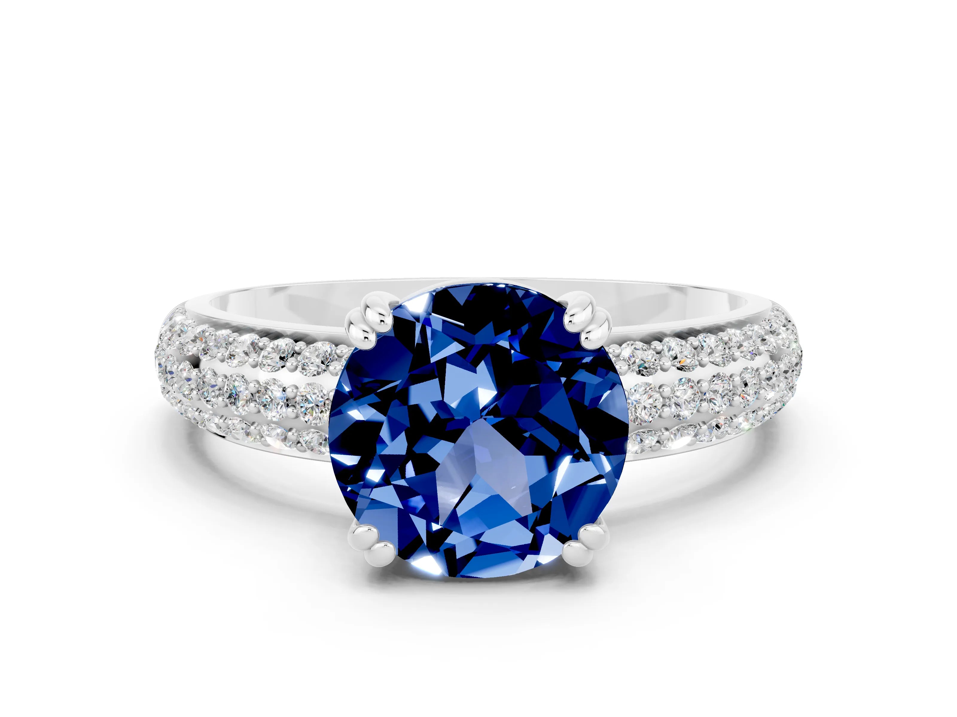 White gold Round Cut Cut Pave Diamond Engagement Ring with Channel Set Band and Four-Prong Setting