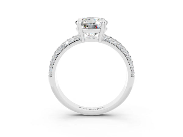 Platinum Round Cut Moissanite Solitaire Ring with Multi-Row Round Pavé Band and Prong Setting