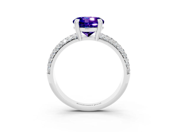 White gold Round Cut Tanzanite Solitaire Ring with Multi-Row Round Pavé Band and Prong Setting