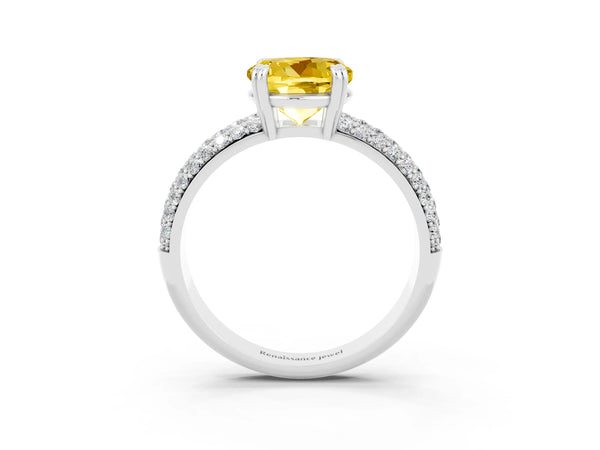Silver Round Cut Yellow Sapphire Solitaire Ring with Multi-Row Round Pavé Band and Prong Setting