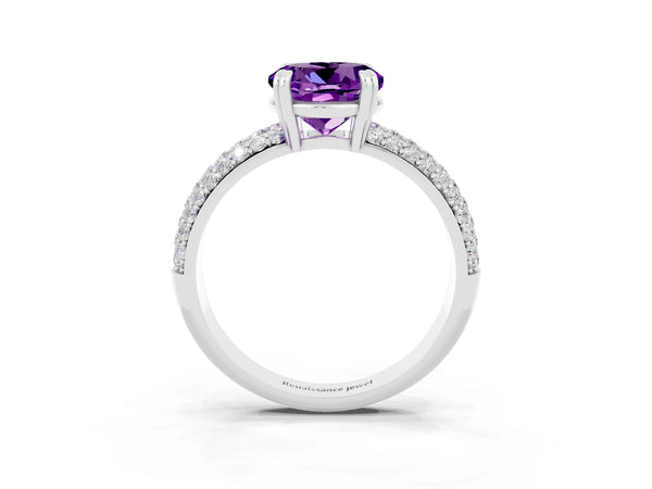 Silver Round Cut Amethyst Solitaire Ring with Multi-Row Round Pavé Band and Prong Setting