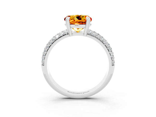 Platinum Round Cut Citrine Solitaire Ring with Multi-Row Round Pavé Band and Prong Setting