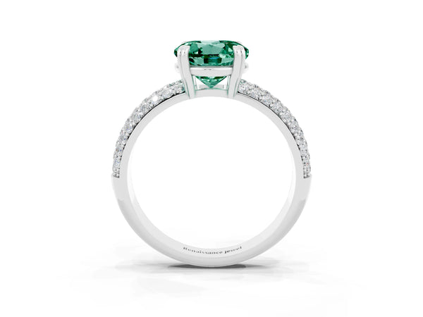 Silver Round Cut Green Sapphire Solitaire Ring with Multi-Row Round Pavé Band and Prong Setting