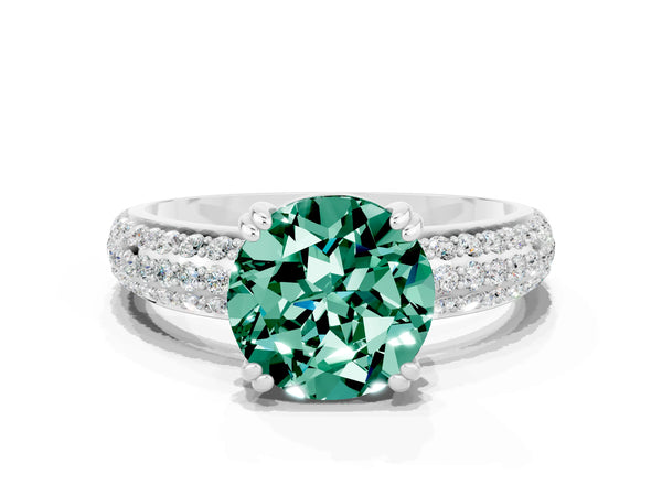 Silver Round Cut Green Sapphire Solitaire Ring with Multi-Row Round Pavé Band and Prong Setting