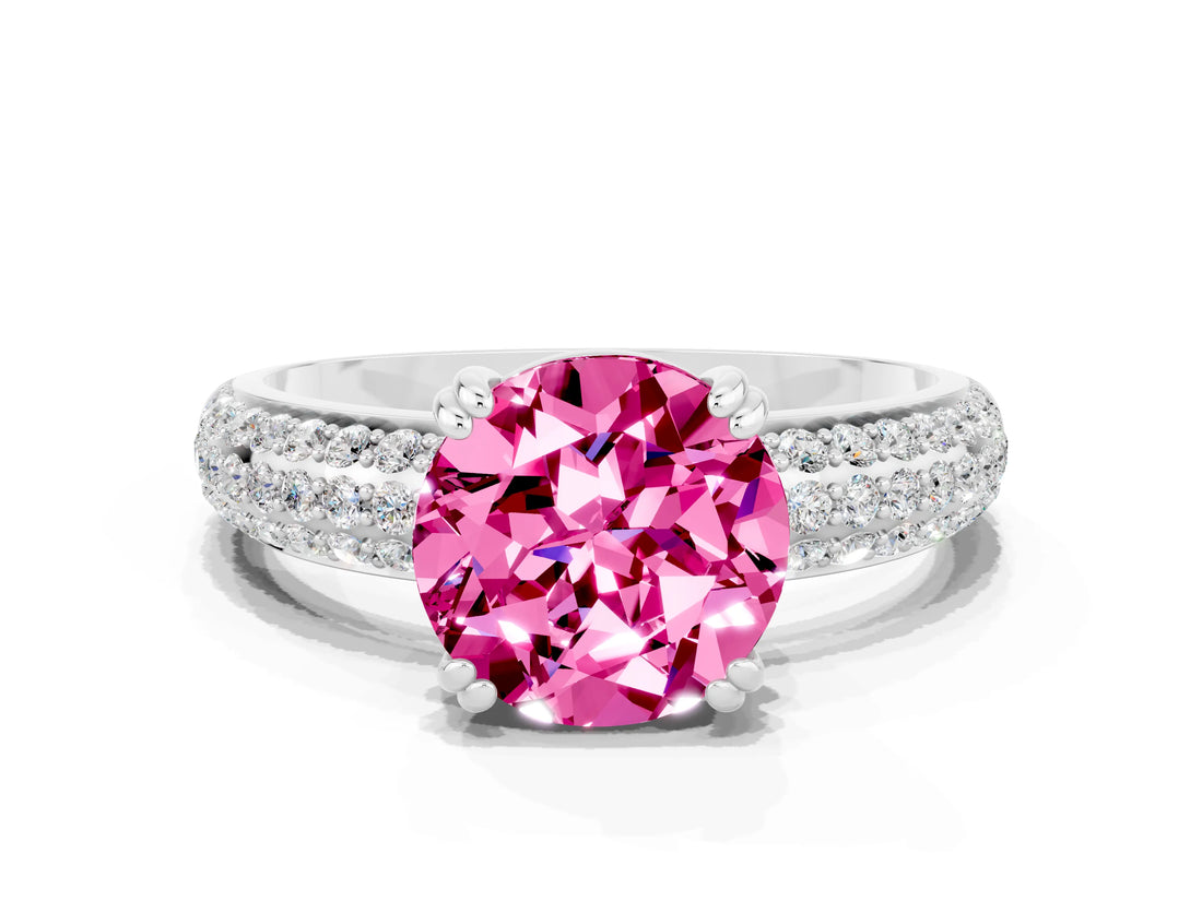 White gold Round Cut Cut Pave Diamond Engagement Ring with Channel Set Band and Four-Prong Setting