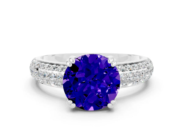 Silver Round Cut Tanzanite Solitaire Ring with Multi-Row Round Pavé Band and Prong Setting