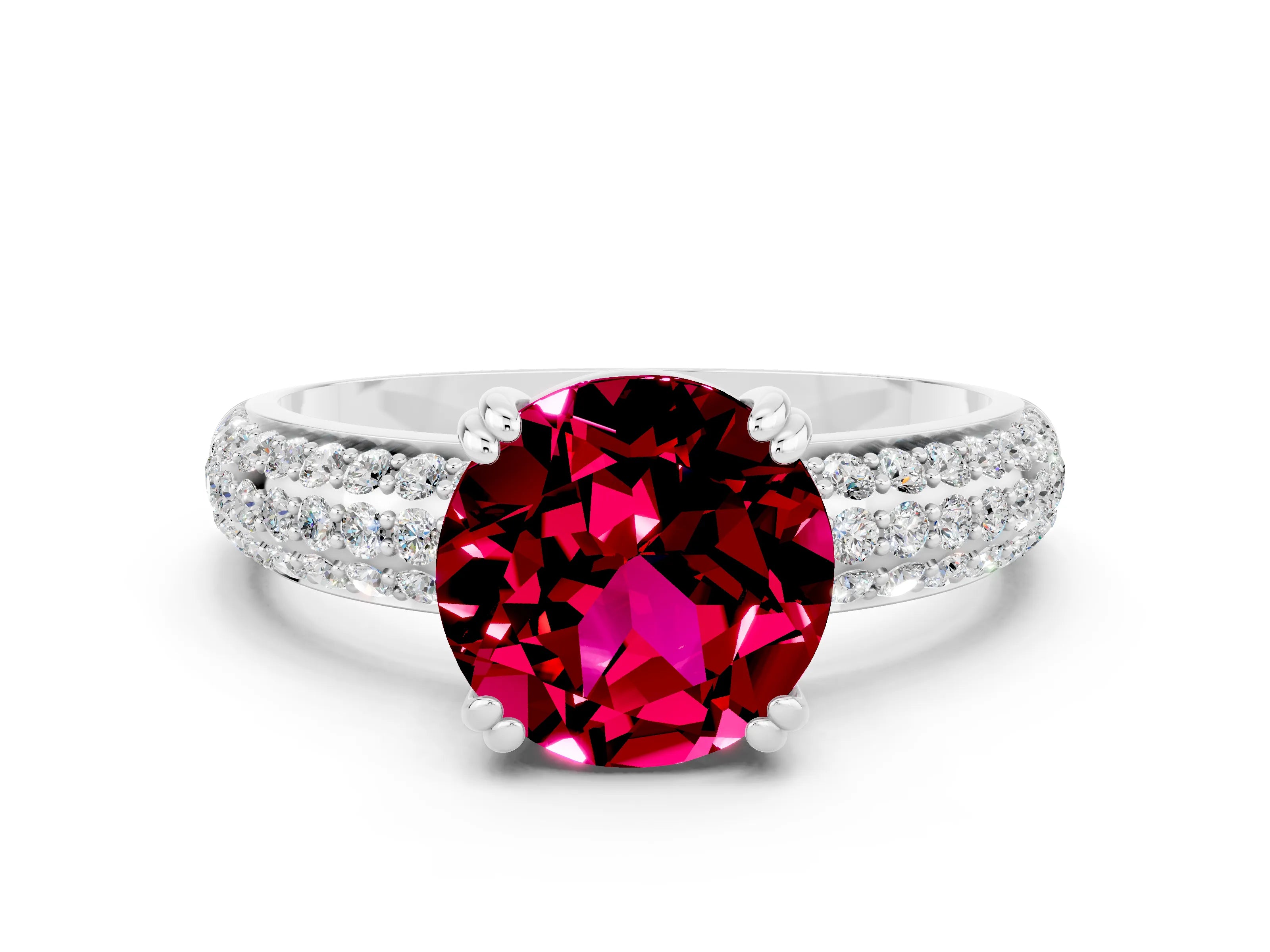White gold Round Cut Cut Pave Diamond Engagement Ring with Channel Set Band and Four-Prong Setting