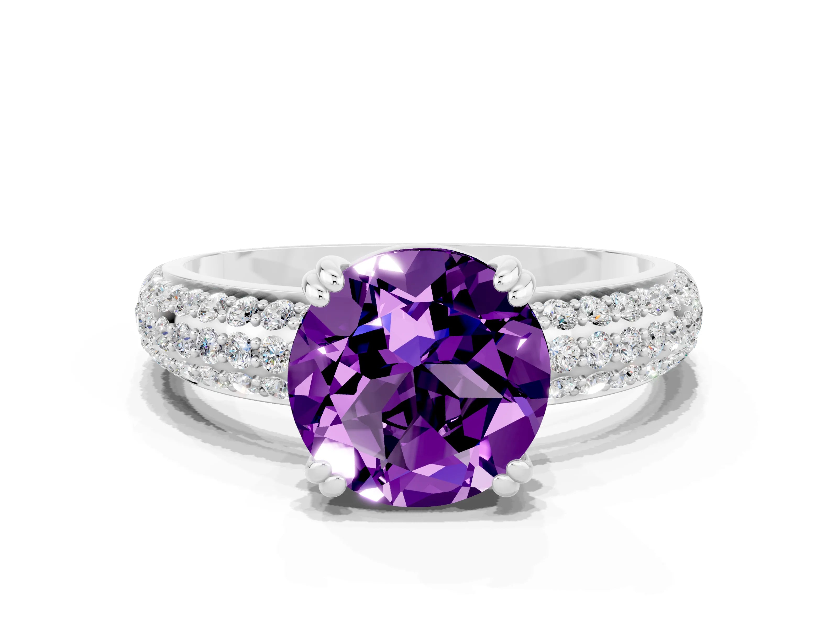 White gold Round Cut Cut Pave Diamond Engagement Ring with Channel Set Band and Four-Prong Setting