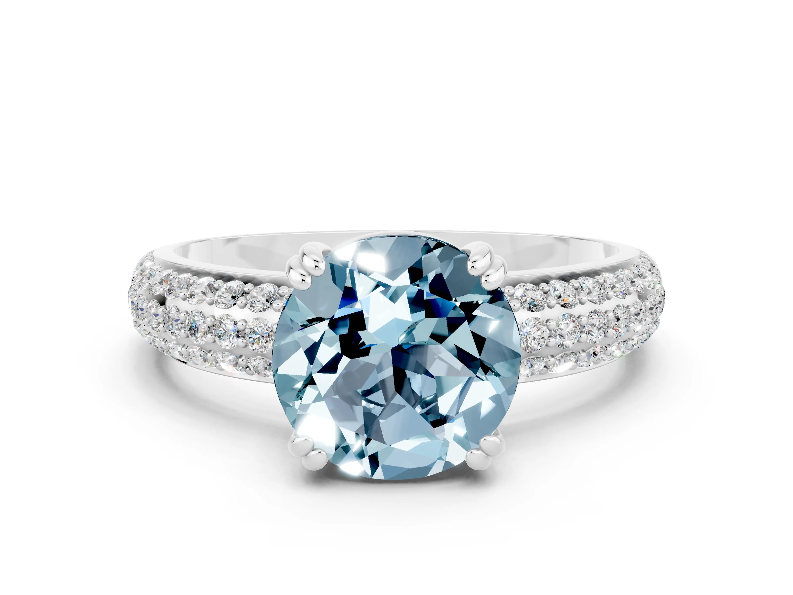 White gold Round Cut Cut Pave Diamond Engagement Ring with Channel Set Band and Four-Prong Setting