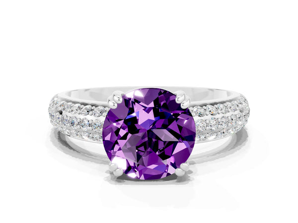 Silver Round Cut Amethyst Solitaire Ring with Multi-Row Round Pavé Band and Prong Setting