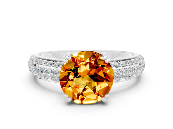 White gold Round Cut Citrine Solitaire Ring with Multi-Row Round Pavé Band and Prong Setting