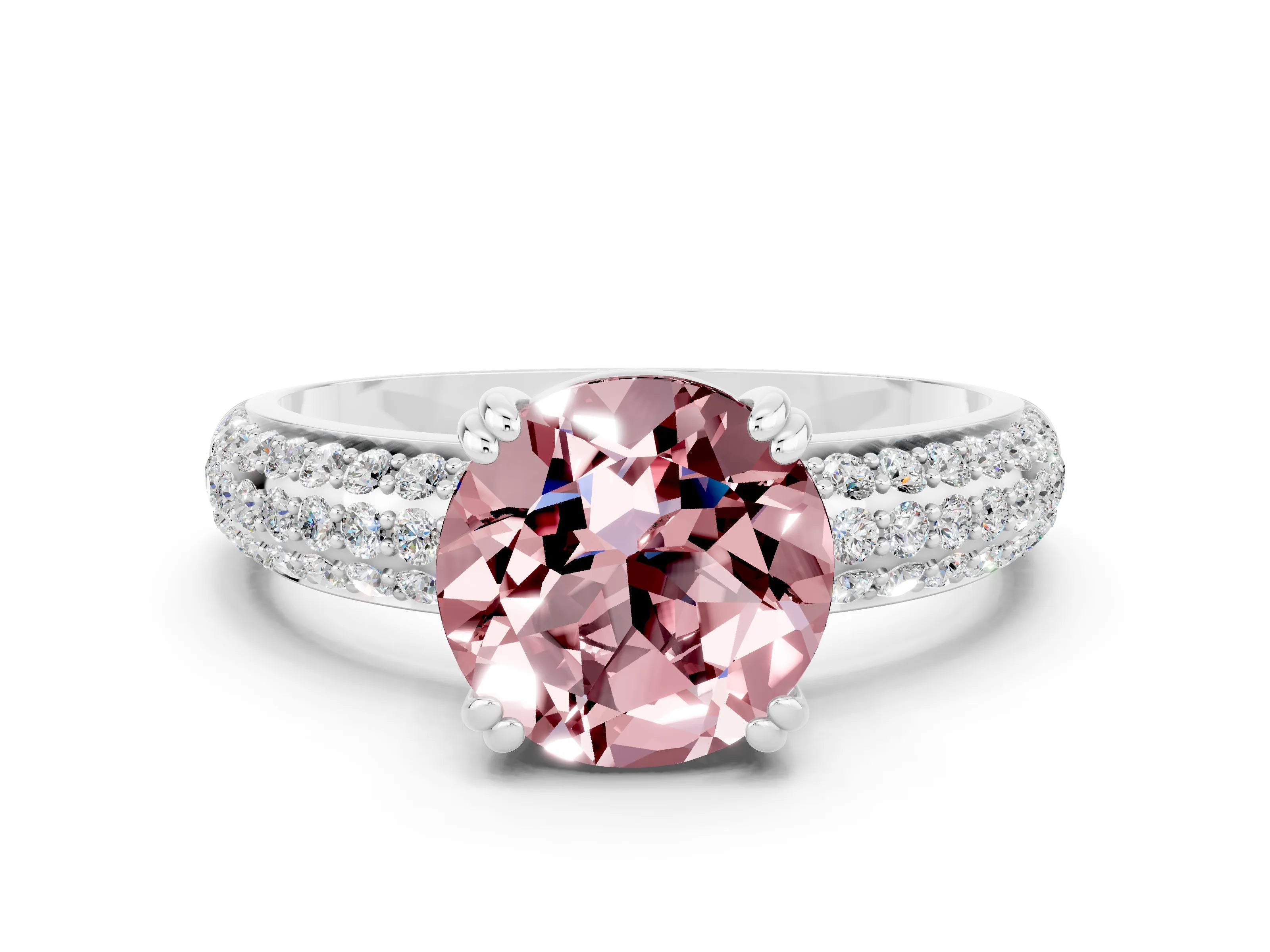 White gold Round Cut Cut Pave Diamond Engagement Ring with Channel Set Band and Four-Prong Setting