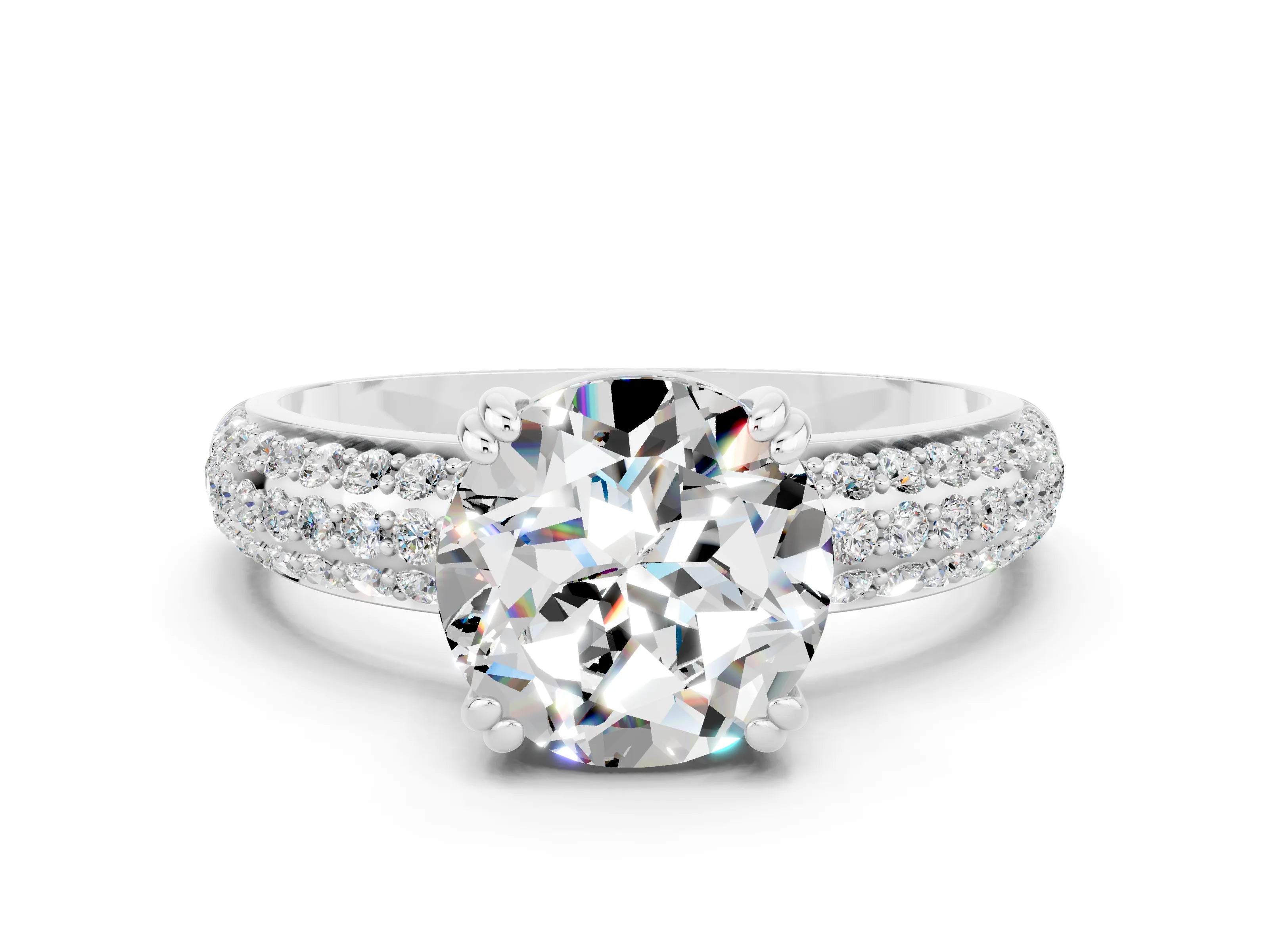 White gold Round Cut Cut Pave Diamond Engagement Ring with Channel Set Band and Four-Prong Setting