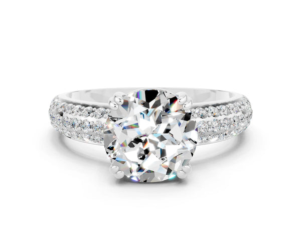 Platinum Round Cut Moissanite Solitaire Ring with Multi-Row Round Pavé Band and Prong Setting