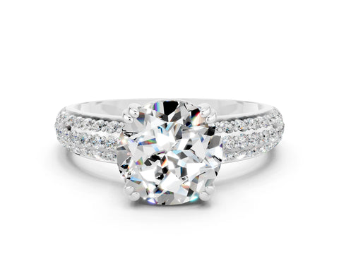 White gold Round Cut Cut Pave Diamond Engagement Ring with Channel Set Band and Four-Prong Setting