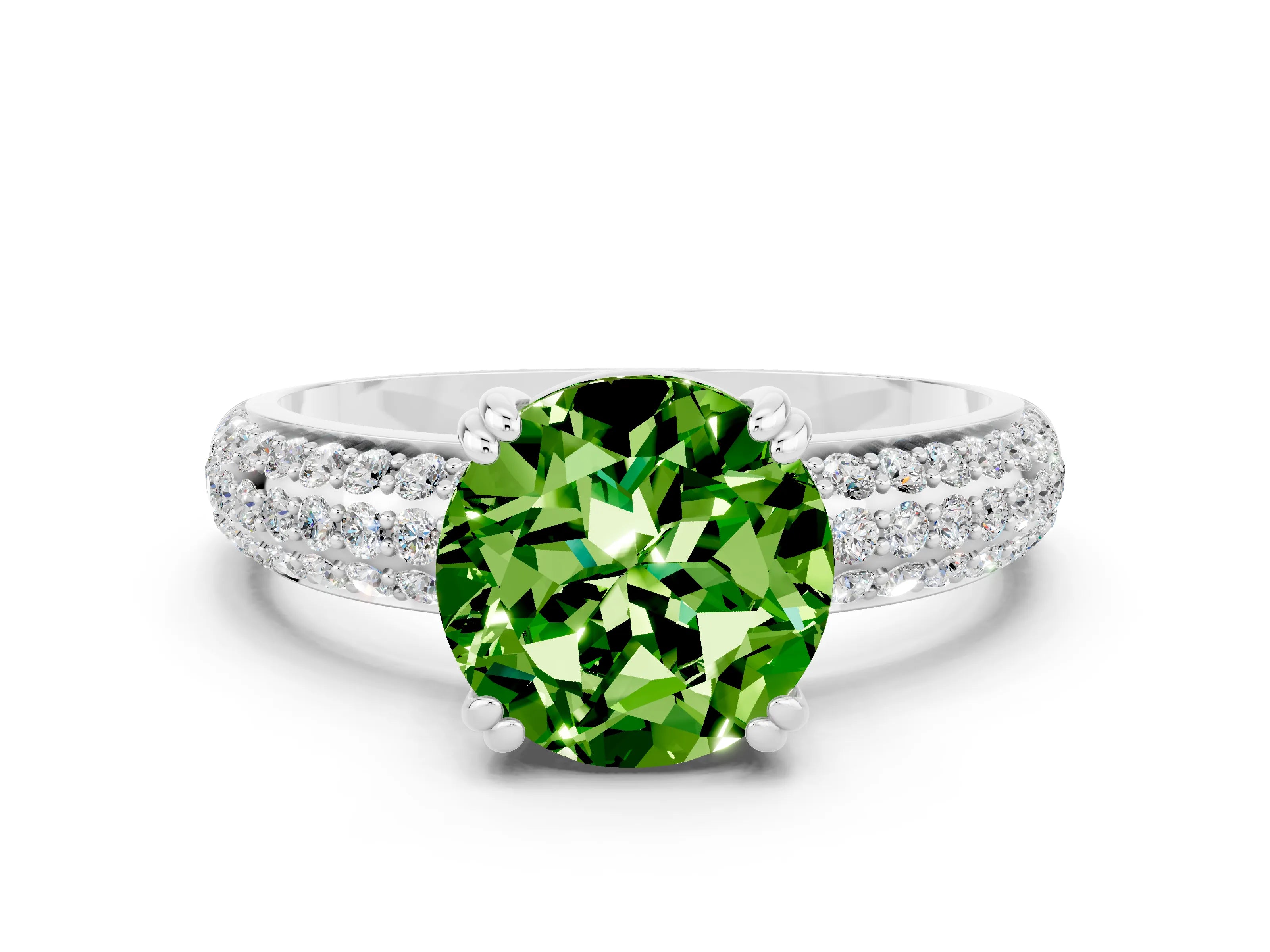 White gold Round Cut Cut Pave Diamond Engagement Ring with Channel Set Band and Four-Prong Setting