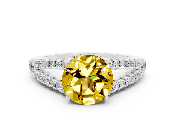 White gold Round Cut Yellow Sapphire Split Shank Engagement Ring with Round Pavé and Prong Setting