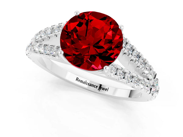Platinum Round Cut Ruby Split Shank Engagement Ring with Round Pavé and Prong Setting