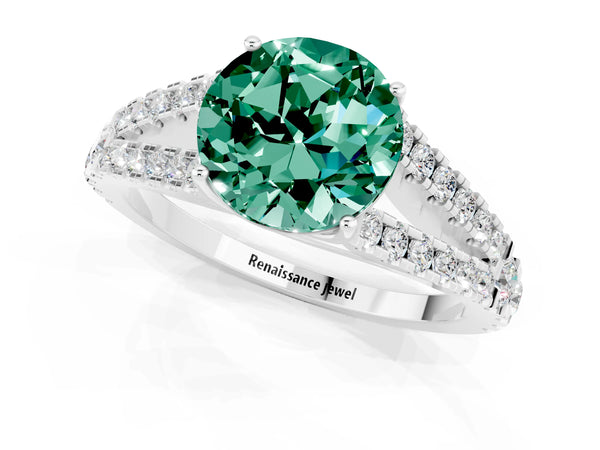 Platinum Round Cut Green Sapphire Split Shank Engagement Ring with Round Pavé and Prong Setting