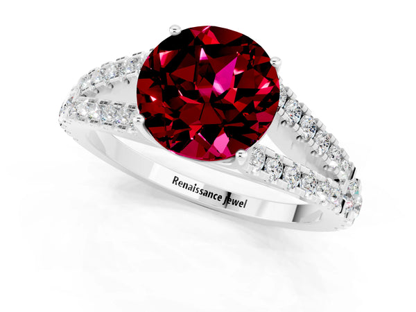 White gold Round Cut Garnet Split Shank Engagement Ring with Round Pavé and Prong Setting