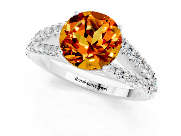 Silver Round Cut Citrine Split Shank Engagement Ring with Round Pavé and Prong Setting