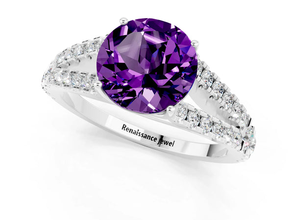 White gold Round Cut Amethyst Split Shank Engagement Ring with Round Pavé and Prong Setting