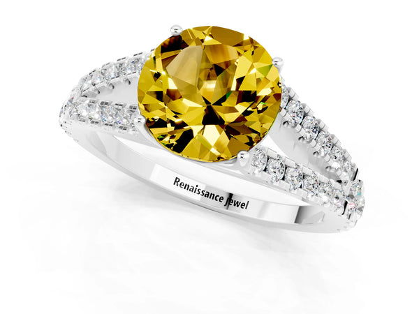 White gold Round Cut Yellow Sapphire Split Shank Engagement Ring with Round Pavé and Prong Setting