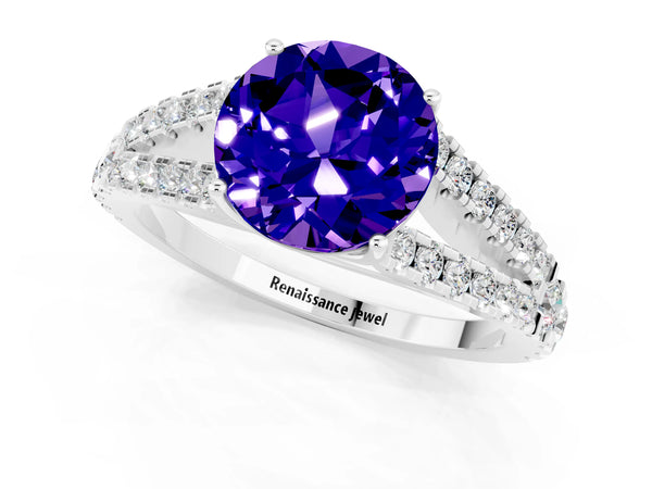 White gold Round Cut Tanzanite Split Shank Engagement Ring with Round Pavé and Prong Setting