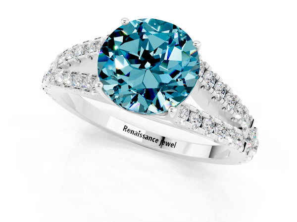 Platinum Round Cut Cut Split Shank Pave Diamond Engagement Ring with Four-Prong Setting