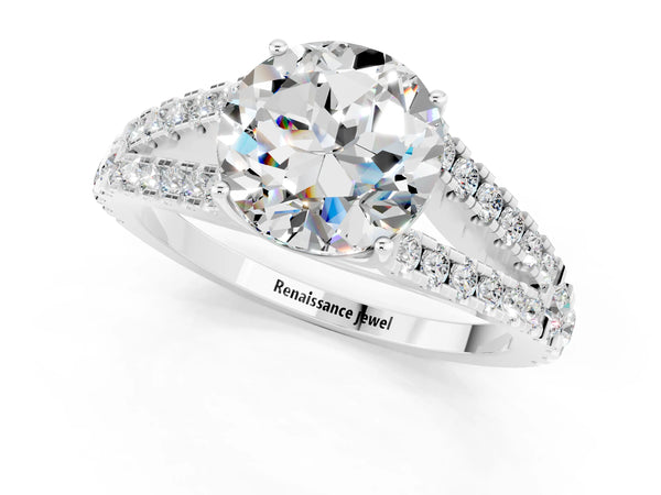 Platinum Round Cut Moissanite Split Shank Engagement Ring with Round Pavé and Prong Setting