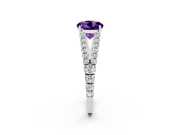 Silver Round Cut Amethyst Split Shank Engagement Ring with Round Pavé and Prong Setting
