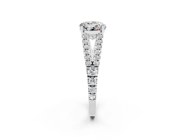 Silver Round Cut Moissanite Split Shank Engagement Ring with Round Pavé and Prong Setting
