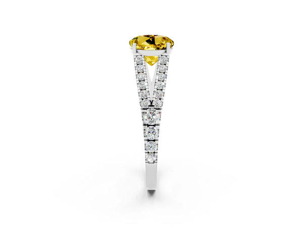 Silver Round Cut Yellow Sapphire Split Shank Engagement Ring with Round Pavé and Prong Setting