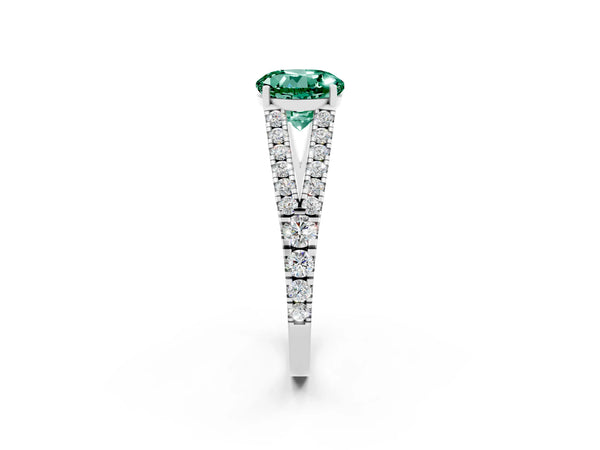 Platinum Round Cut Green Sapphire Split Shank Engagement Ring with Round Pavé and Prong Setting