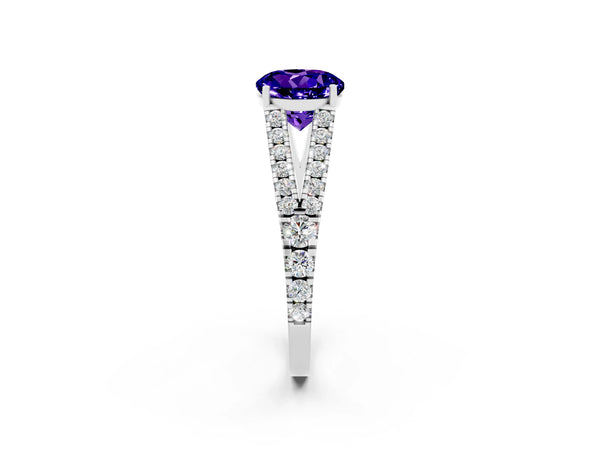 White gold Round Cut Tanzanite Split Shank Engagement Ring with Round Pavé and Prong Setting