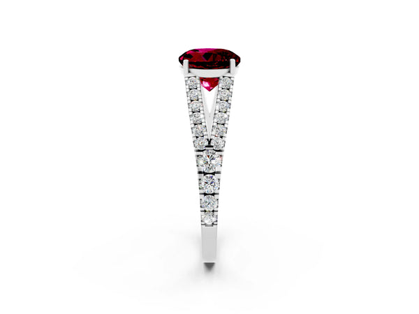 Silver Round Cut Garnet Split Shank Engagement Ring with Round Pavé and Prong Setting