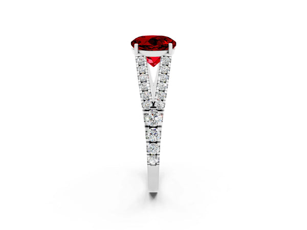 Silver Round Cut Ruby Split Shank Engagement Ring with Round Pavé and Prong Setting