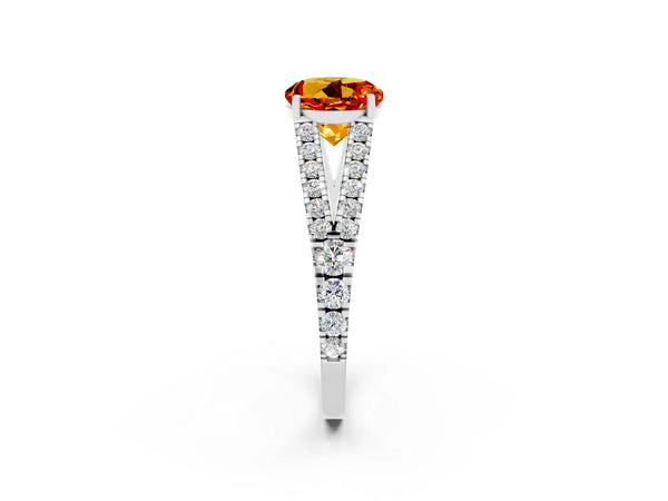 Silver Round Cut Citrine Split Shank Engagement Ring with Round Pavé and Prong Setting