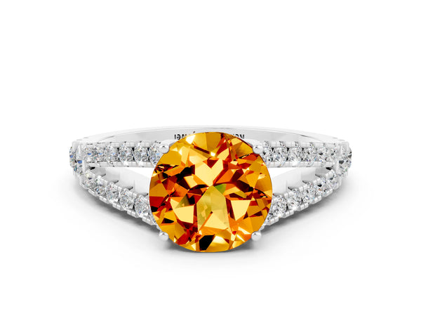 Silver Round Cut Citrine Split Shank Engagement Ring with Round Pavé and Prong Setting