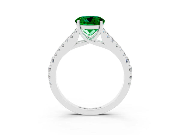 Platinum Round Cut Emerald Split Shank Engagement Ring with Round Pavé and Prong Setting