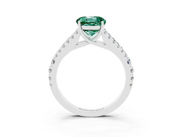 Platinum Round Cut Green Sapphire Split Shank Engagement Ring with Round Pavé and Prong Setting