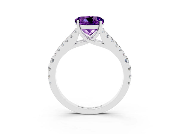 Silver Round Cut Amethyst Split Shank Engagement Ring with Round Pavé and Prong Setting