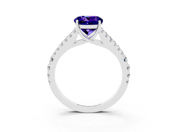 Silver Round Cut Tanzanite Split Shank Engagement Ring with Round Pavé and Prong Setting