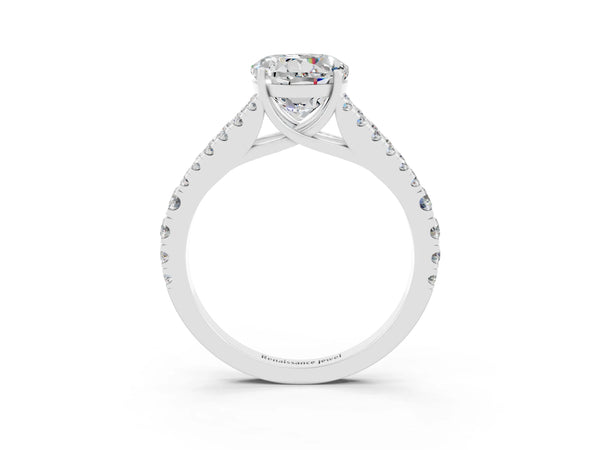 Silver Round Cut Moissanite Split Shank Engagement Ring with Round Pavé and Prong Setting