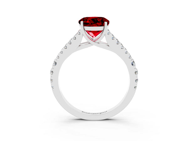 Platinum Round Cut Ruby Split Shank Engagement Ring with Round Pavé and Prong Setting