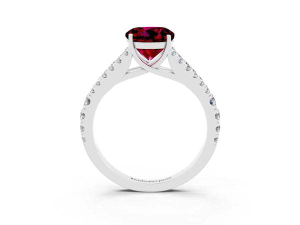 Silver Round Cut Garnet Split Shank Engagement Ring with Round Pavé and Prong Setting