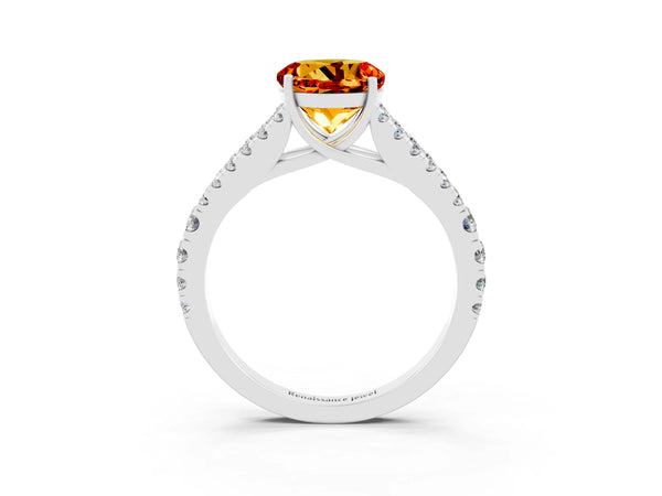 Platinum Round Cut Citrine Split Shank Engagement Ring with Round Pavé and Prong Setting